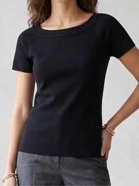 Ann Taylor Black Boatneck Short Sleeve Top Silk Blend Sz-L.  N1